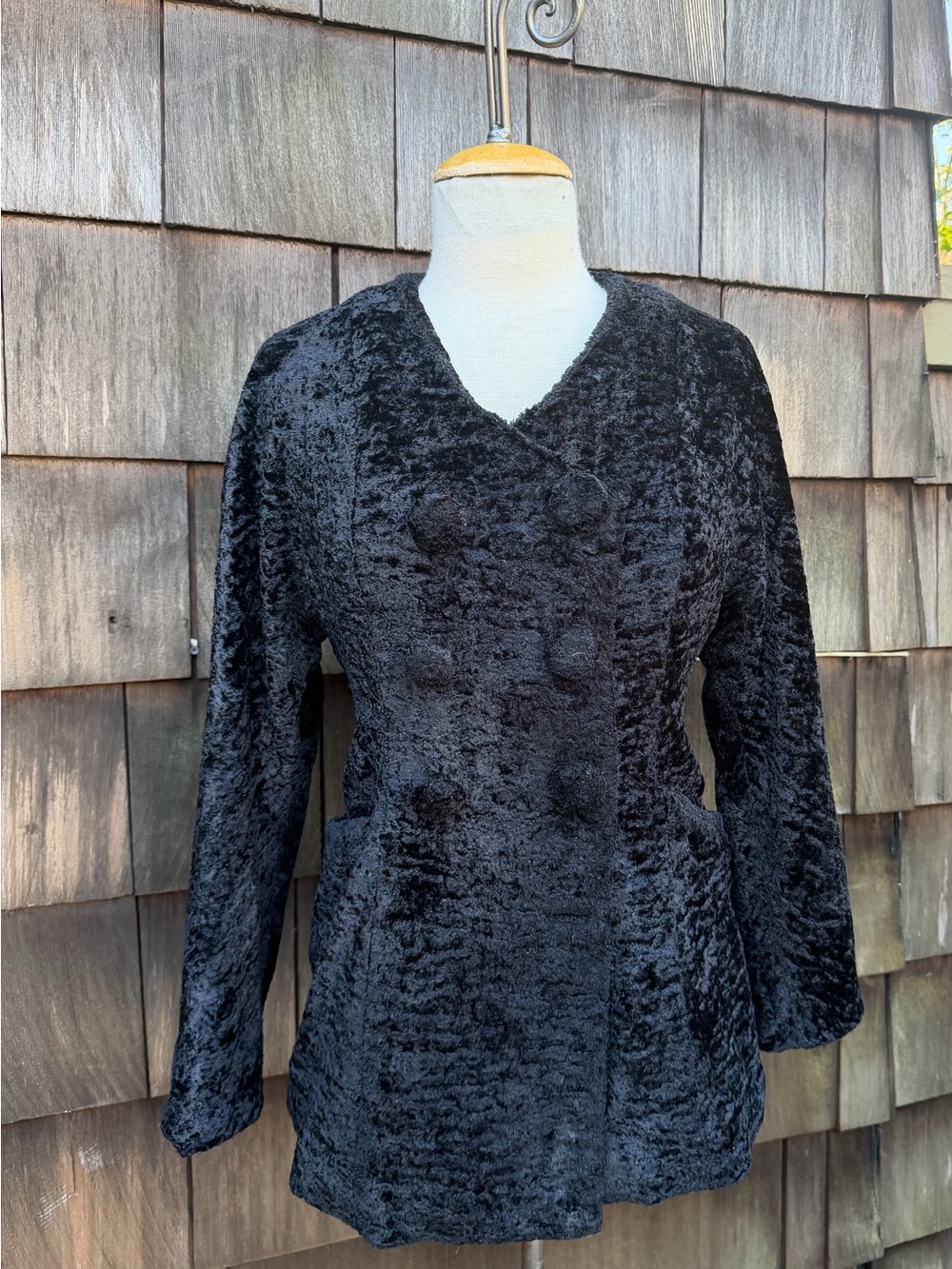 Vintage black jacket faux curly fur pink satin lining sz S An REN New York